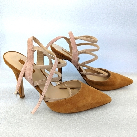 GUESS tan and pink suede heels size 8 - Picture 1 of 8